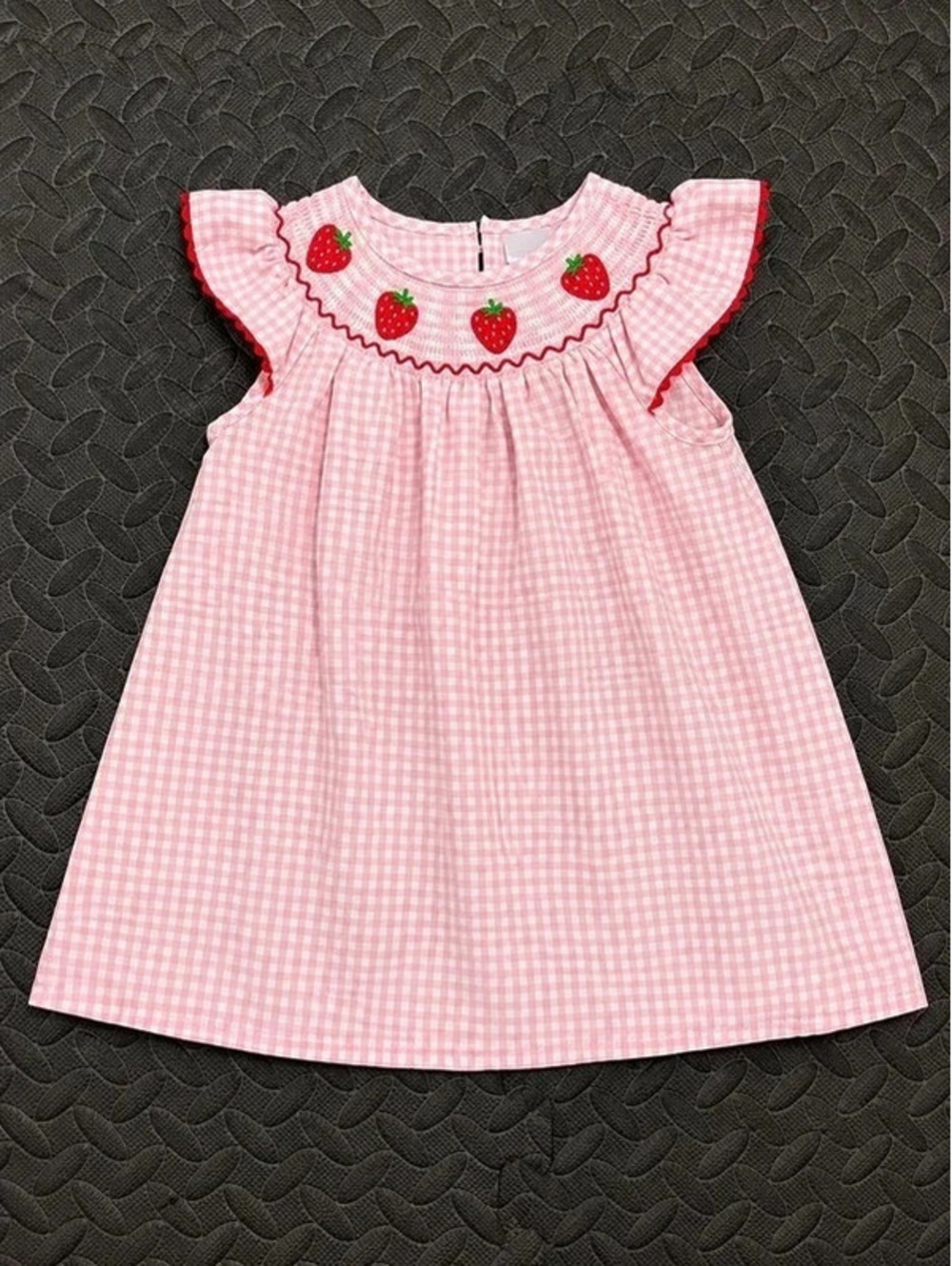 Smocked Embroidered Strawberry Gingham Dress 3T Girls Pink White